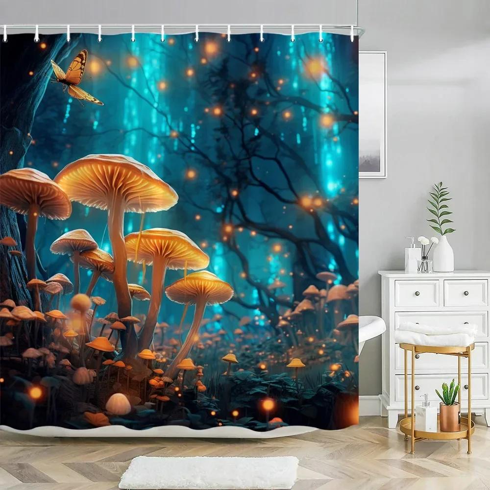Fantasy Mushroom Shower Curtains Fairy Forest Tree Gothic Panel Jungle Green Zen River Bathroom Decor Shower Curtain With Hooks