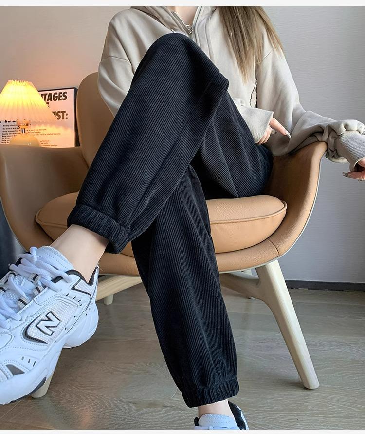 Petite Slimming Fleece-Lined Corduroy Joggers for Women - Cropped Drawstring Pants for Autumn/Winter Casual Sport