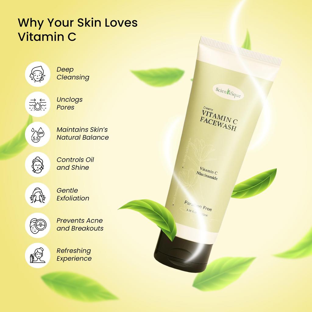 SCIENTIFIQUE™ 15 % Vitamin C Brightening Facewash (Creamy) - Enriched with Niacinamide, Kojic Acid & Salicylic Acid | Deep Cleansing, Acne Control