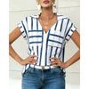 Womens Striped V Neck Short Sleeve Blouse With Pockets Casual Button Down Collared Shirt