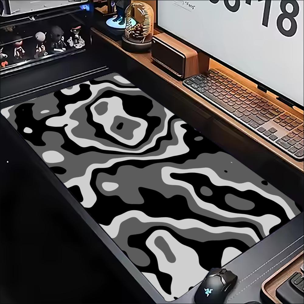 Desk Mat Grey White Topographic Swirl Print Stitched Edge AntiSlip Rubber Mouse Pad For Gaming Working Home Laptop Desk Setup
