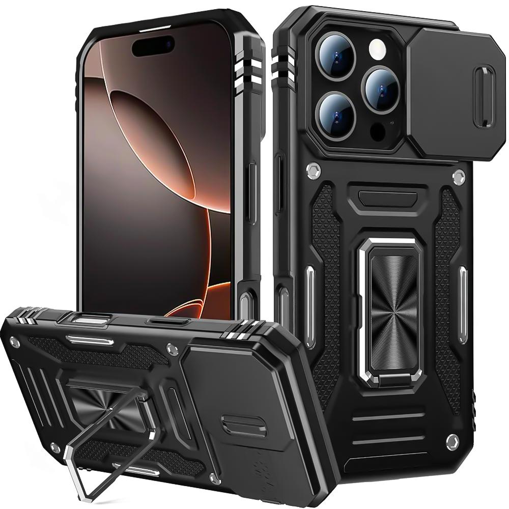 

Противоударный чехол-защитник с выдвижной камерой для iPhone 16 15 13 12 11 17 Pro Max 14 Plus 16E 17 Air с металлическим кольцом-подставкой и магнитной крышкой iPhone 11 чёрный