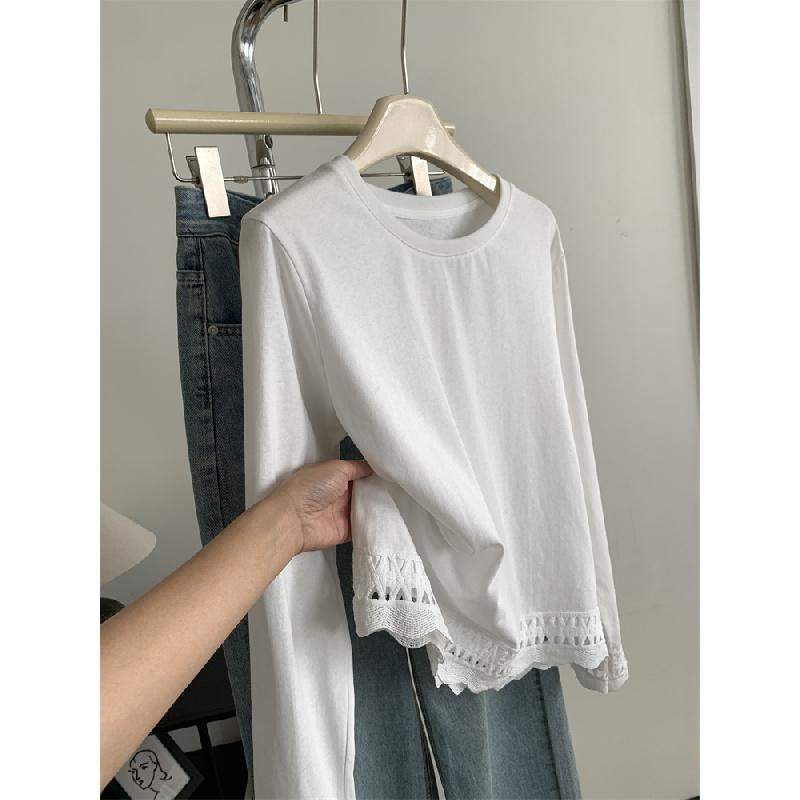 Hollowed-out lace hem pure cotton round-neck long-sleeve T-shirt for women, 2026 spring elegant Korean-style base shirt top