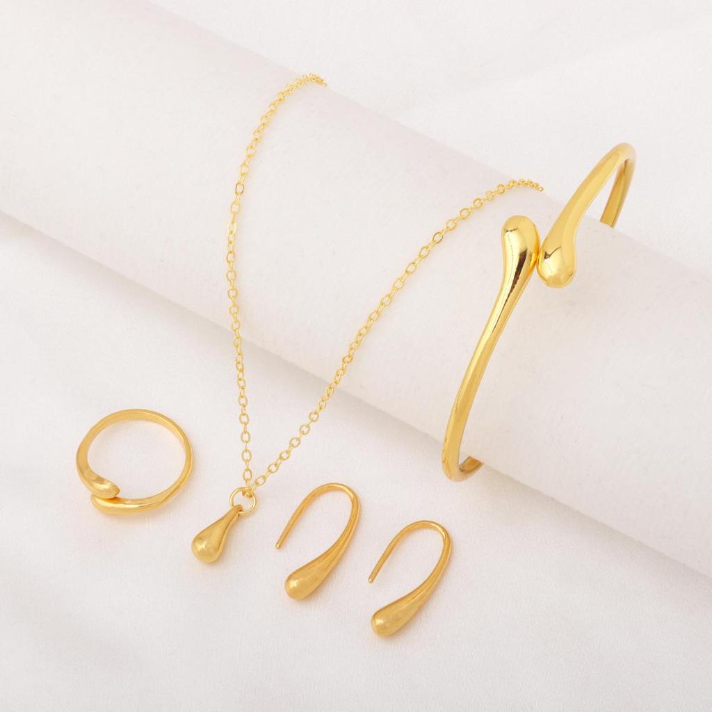 Angel's Tear Jewelry Set: Water Drop Pendant Necklace, Openable Bracelet, Earrings, and Ring - Four-Piece Collection