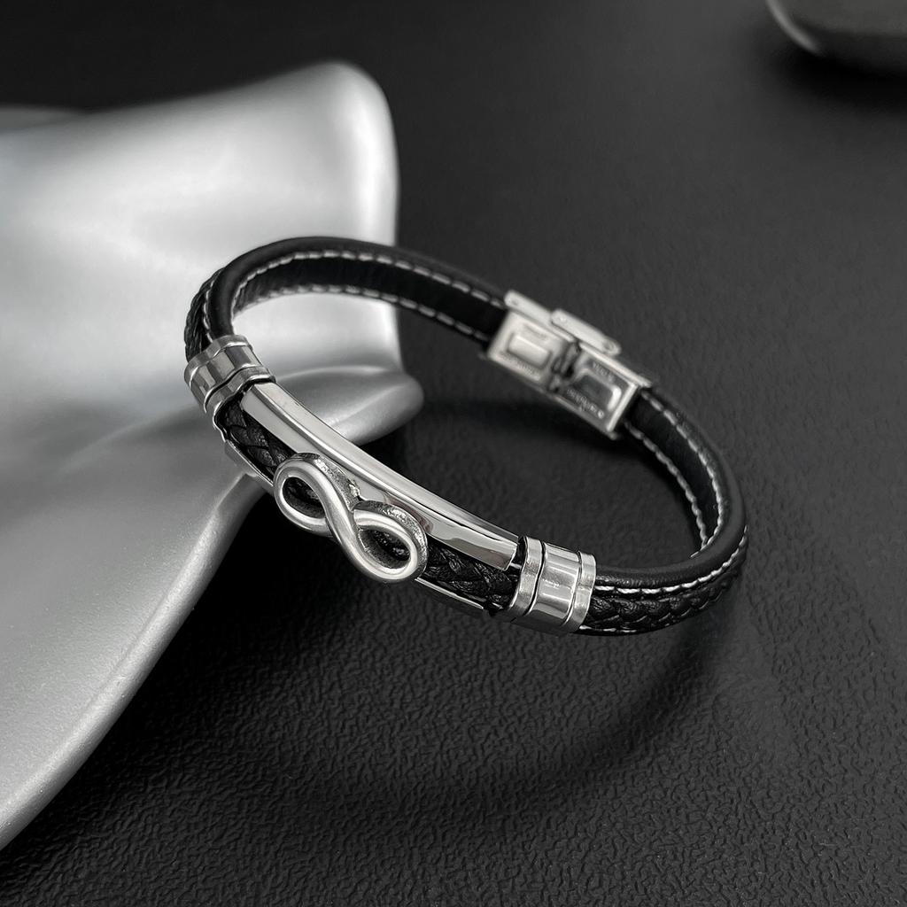 Men’s Infinity Leather Bracelet – OPK Punk Style Braided Wristband Stainless Steel