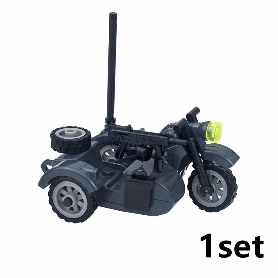 MOC Set Deutsches Militärmotorrad Bausteine Fahrzeugmodell Figuren Zubehör Soldaten WK2 Transport SWAT Spielzeug Baustein