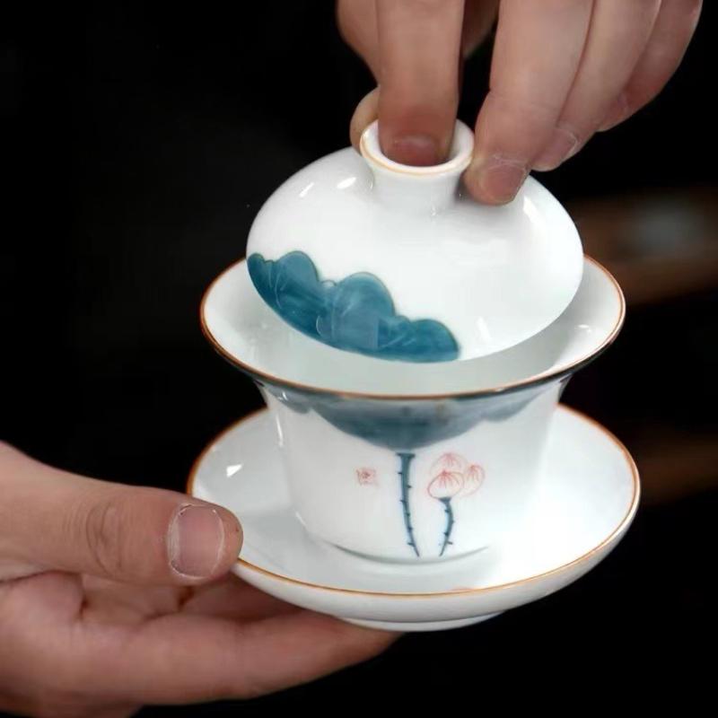 Hand-painted Tea Fat Jade White Porcelain Gaiwan Household Ceramic Tea Infuser Traditional with Cover Teacup