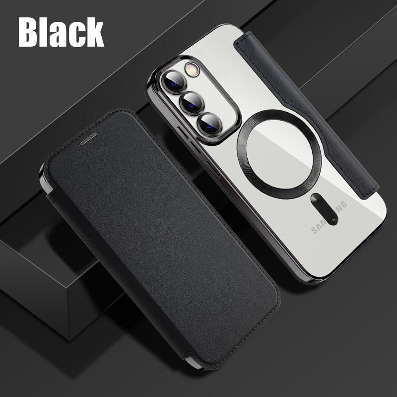 Leather Flip Cover Electroplat Silicone TPU Case For Samsung Galaxy S23 Ultra Plus Magnetic Wireless Charging Lens Glass Film