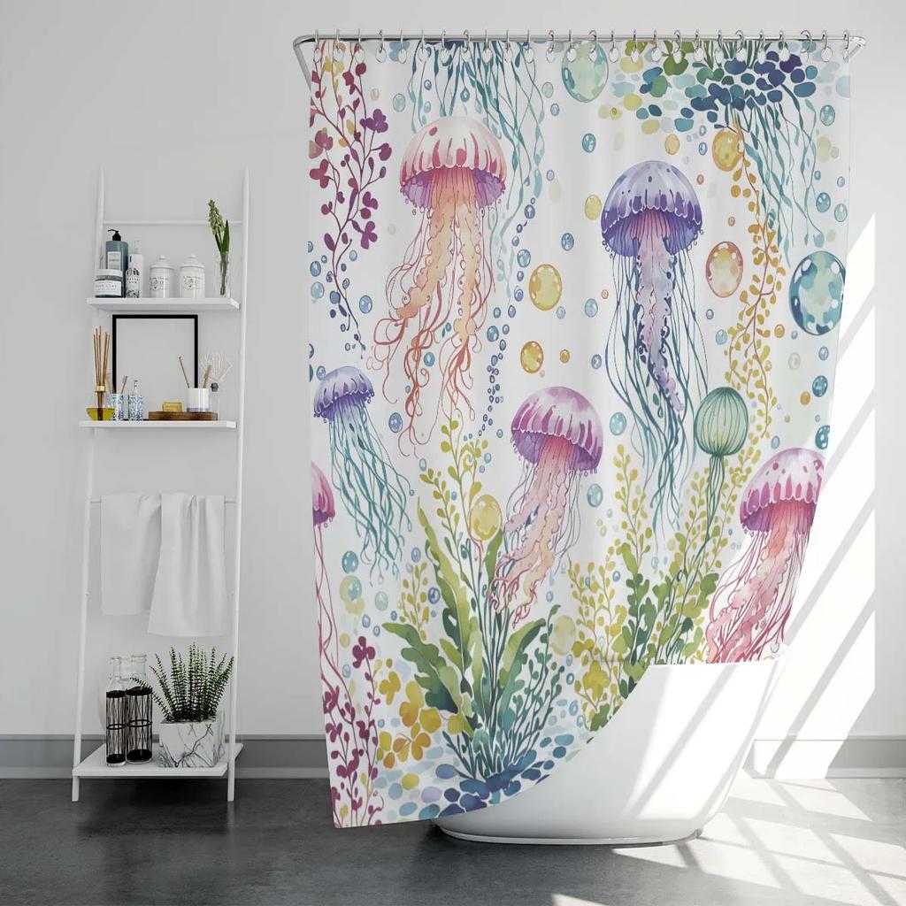 1PC Jellyfish pattern printed shower curtain, waterproof, with 12 hooks, bathroom showers, bathtub, fashionable home use