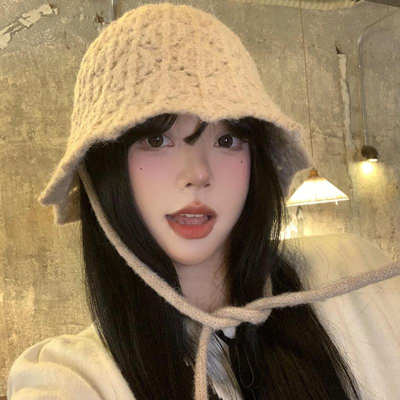 Strap Knitted Bucket Hat Women's Autumn and Winter New Versatile Bucket Hat Big Head Circumference Show Face Small Wool Hat