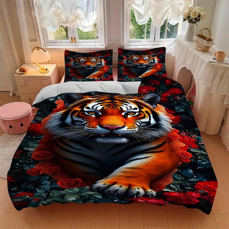3pcs Tiger Roses Print Duvet Cover Set, Soft Comfortable Duvet Cover,Guest Room (1*Duvet Cover + 2*Pillowcase, Without Core) Yy251104120