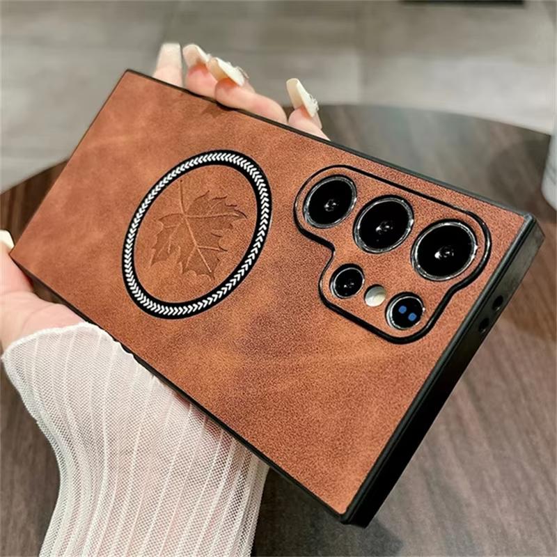 

Кожаные чехлы для телефонов Magsafe с кленовым листом для Samsung Galaxy S25 S24 S23 Ultra S21 Plus S24 FE Магнитная беспроводная зарядная крышка Galaxy S23+