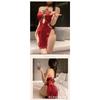 Man Want Sex Underwear Sexy Neck Water Drop Hollow High Waist Split Red New Year's Cheongsam Uniform Set 9209