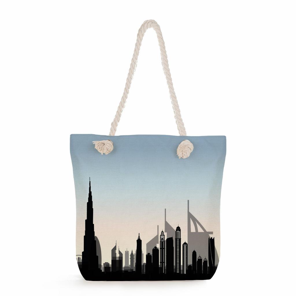 Multifunctional Dubai Architecture Printed Thick Rope Shoulder Beach Bag Casual large capacity handbag 7613