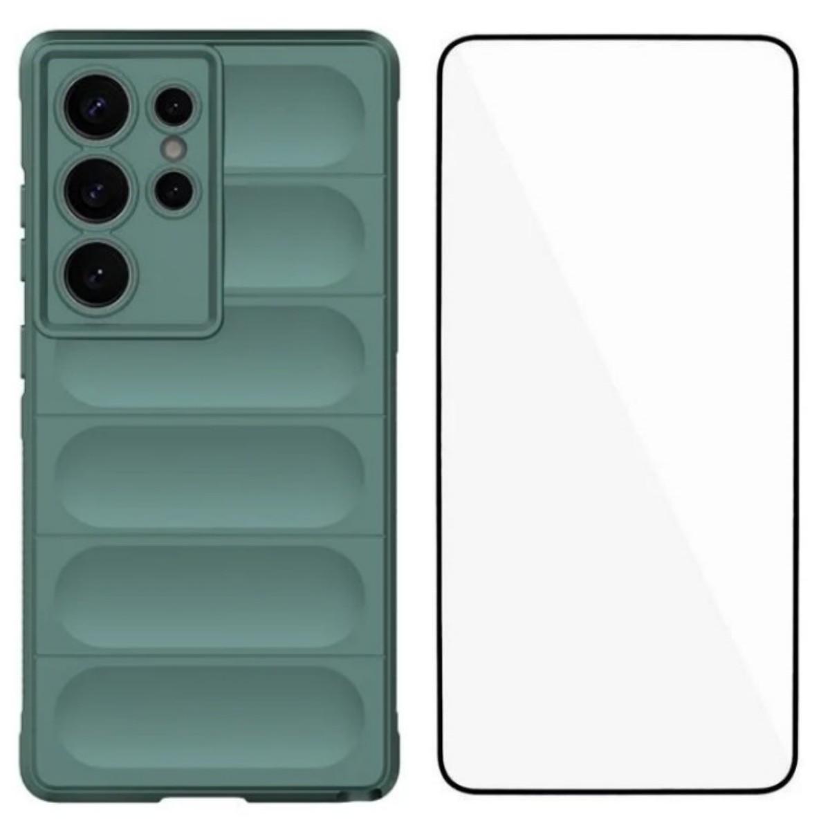 

Для Samsung Galaxy S25 Ultra TPU Чехол WANLONFENG Серия HD Противоскользящий Чехол для Телефона с Закаленным Стеклом Army Green