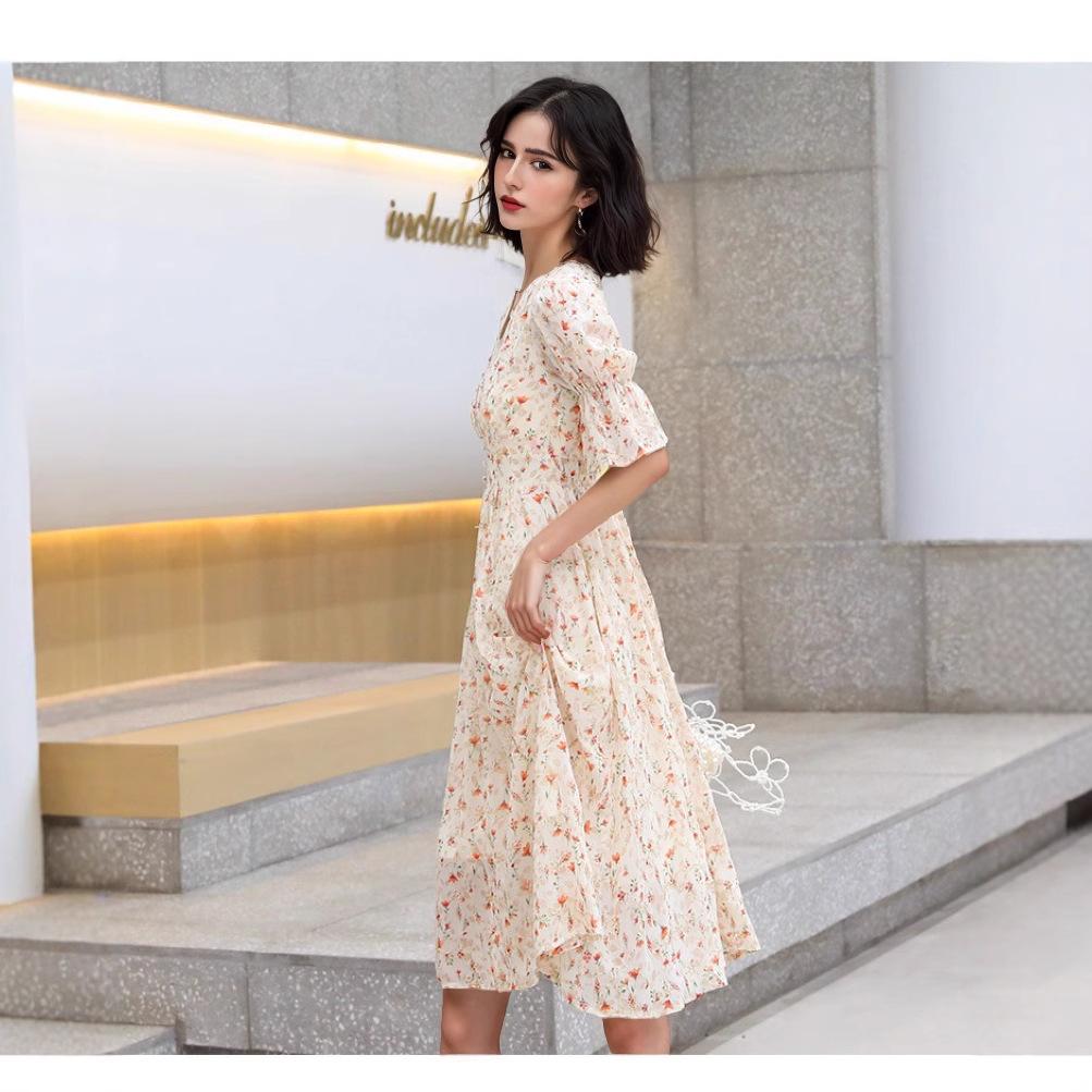 2025 Summer French Floral Puff Sleeve Dress for Women