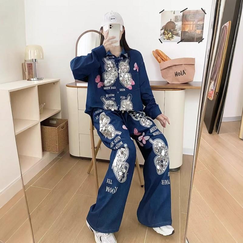 2026 Womens Vintage Denim Set Loose Jacket Wide Leg Pants Streetwear