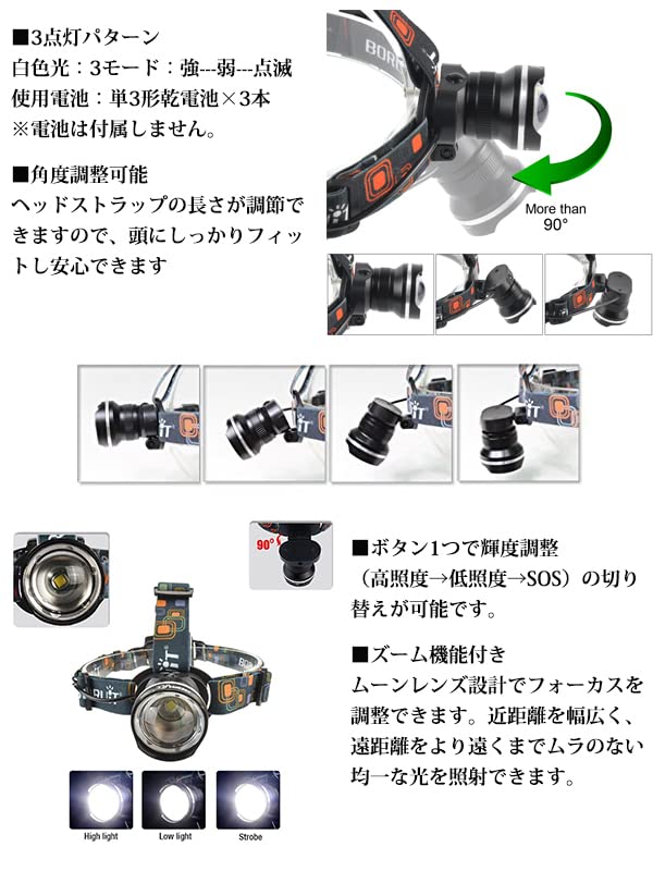 AKIRARI LED 3 Zoom Adjustable Headlamp for Disaster High Adjustable Perfect for Night Outdoor and Power Compact Headlamp, Battery-Powered, Modes,