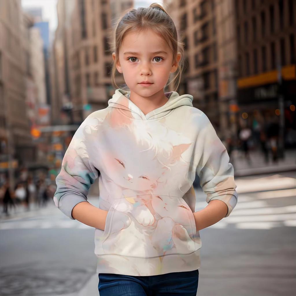 Abbigliamento Bambina Felpe con Cappuccio Manica Lunga Carino Stampa Gatto 3D Abbigliamento Bambina Abbigliamento Bambini Primavera Autunno Moda Abbigliamento Bambini Top