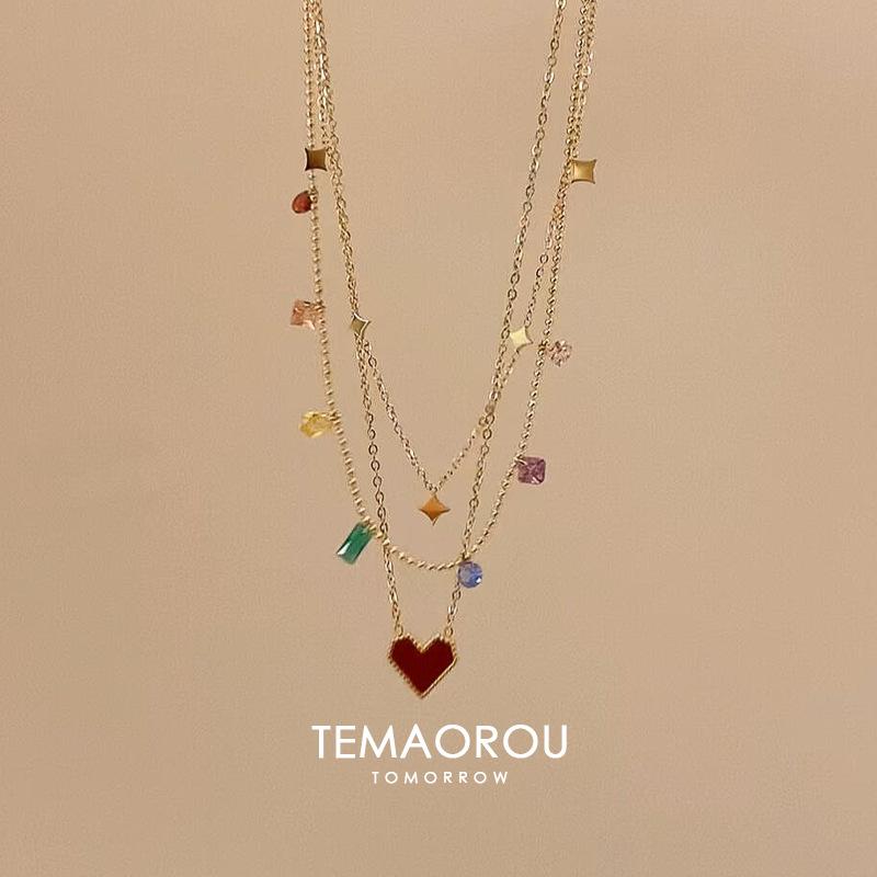 

2025 Retro Red Heart & Diamond Multi-Layer Necklace for Women - Autumn/Winter Clavicle Sweater Chain
