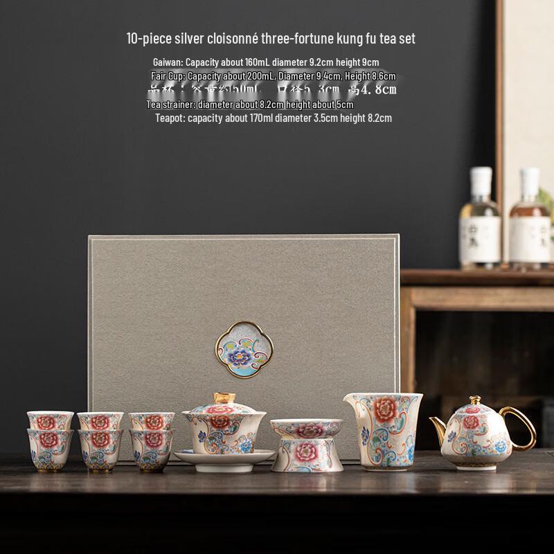 Chinese Cloisonné Silver & Ceramic Tea Set