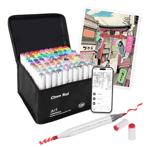 100-Color Illustration Markers, Alcohol Markers for Adults, Children, and Manga Artists, Brush Type, Set with Free App