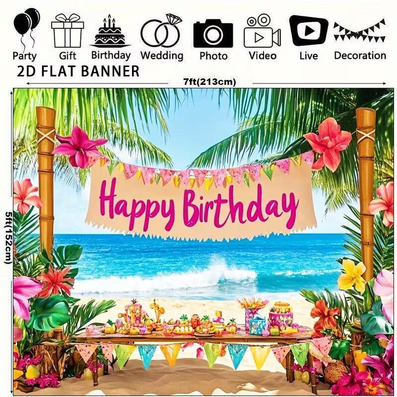 2D Luau Party Backdrop, Tropical Beach and Flowers for Kids Birthday Photoshoot