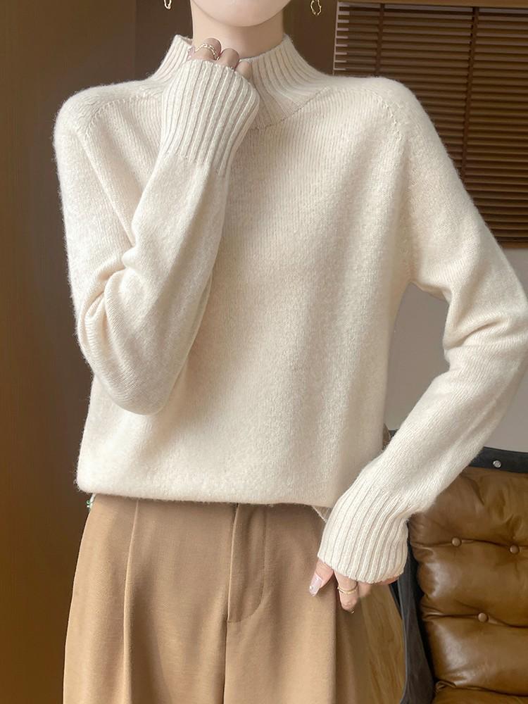Women's 100% Pure Wool Half-High Neck Long-Sleeve Pullover Sweater - Thickened Base Layer for Autumn and Winter
