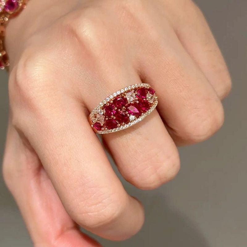 Second-Hand Vintage Red Corundum Diamond Ring for Women Plated with 18K Rose Gold European and American Retro Palace Style Index Finger Ring