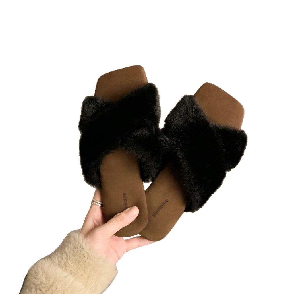 Traubenmutter Studiolee Temperament quadratischer Kopf Kreuzriemen faul vielseitig Leopardenmuster Oberbekleidung flauschige Hausschuhe Frauen Herbst und Winter