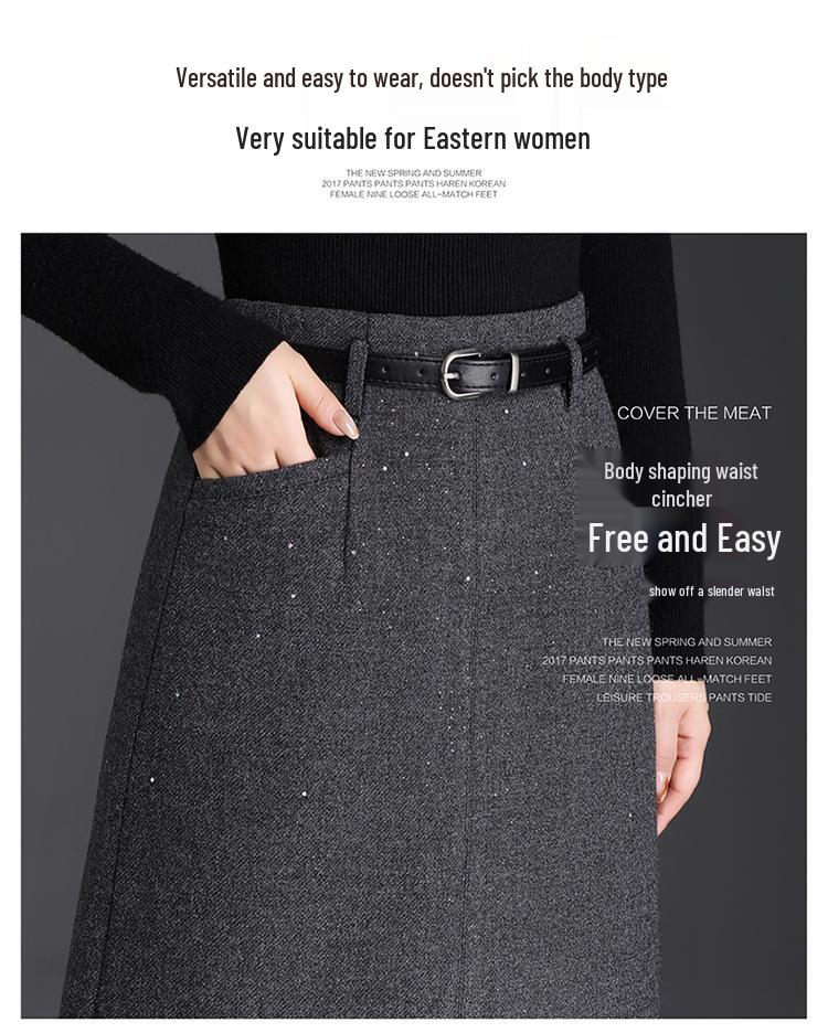 Chic High-Waisted Wool Blend Slit Skirt – 2026 Autumn/Winter Elegant Korean Style