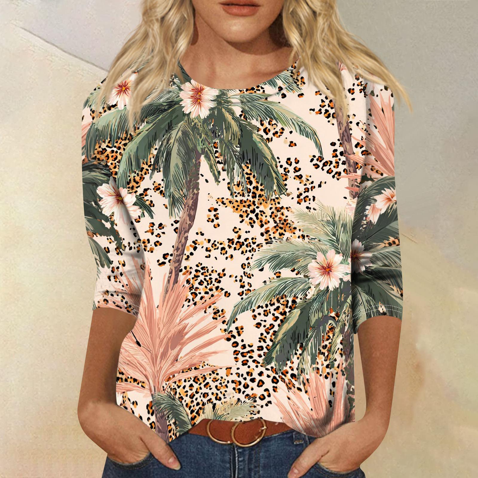 

Women’s Casual Round Neck Three Quarter Sleeve Floral Print T Shirt Top with Relaxed Fit for Daily Wear and Comfort XL рожевий