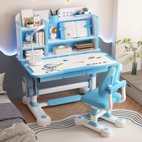 2Pcs/Set Kids Study Desk Chair Set, Height Adjustable Children School Study Table Chair Set with Sitting Corrector, Ergonomic Desk Chair with Book