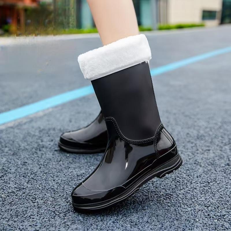 Women's New Low Heel High Top Rain Boots Thick Sole Non Slip Waterproof Detachable Cotton Cover Kitchen Work Shoes Garden Shoes