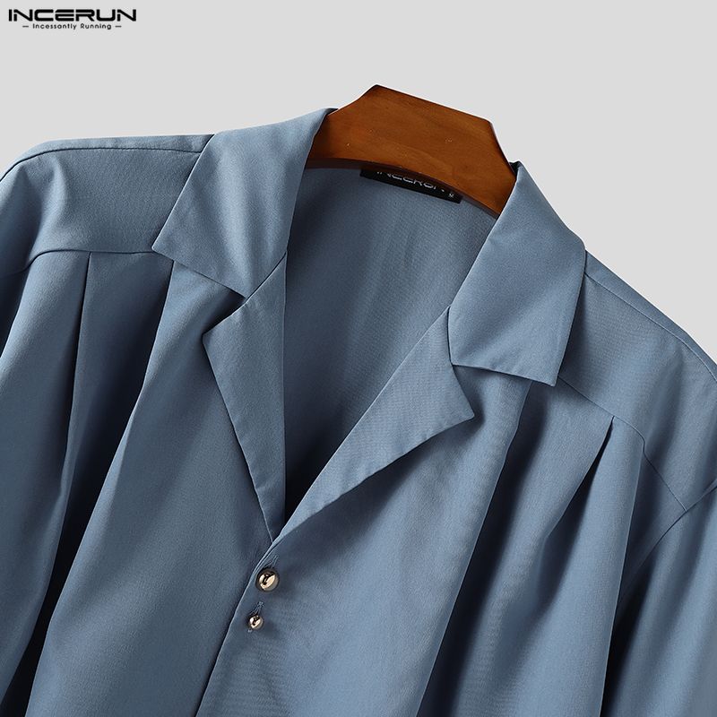 INCERUN Two Pieces Outfits Men Lapel Neck Short Sleeve Striped Shirt Long Suit Pants Sets