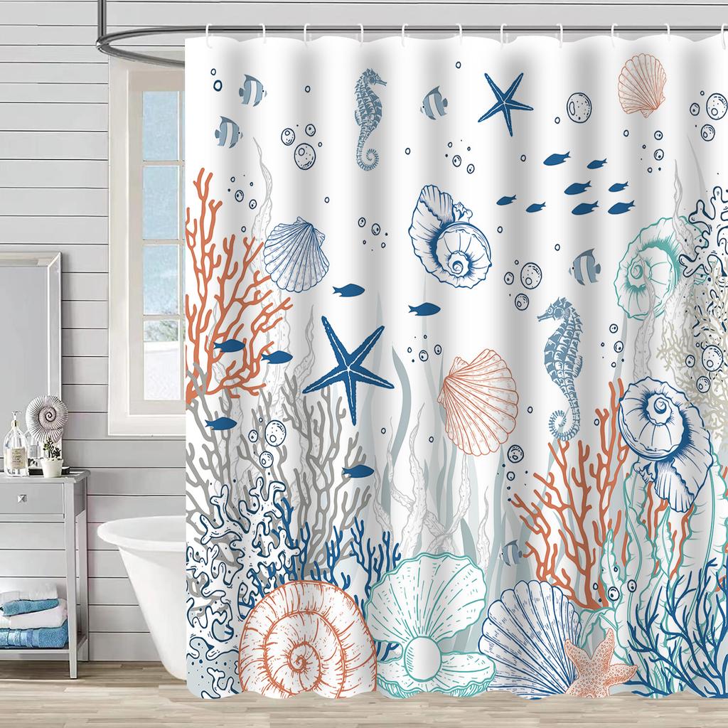 Shower Curtain Waterproof And Mildew-Proof Digital Printing Starfish Shell Shower Curtain Bathroom Partition Curtain Free Punching