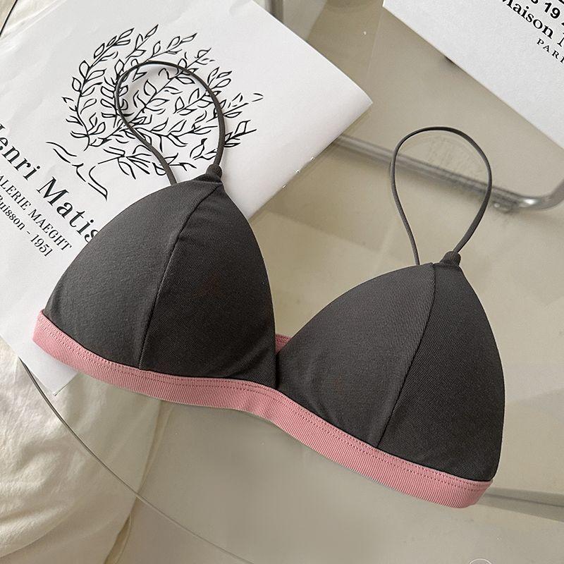 Summer deep V French triangle cup contrasting color beautiful back underwear women's small chest seamless thin without steel ring sexy bra cover
