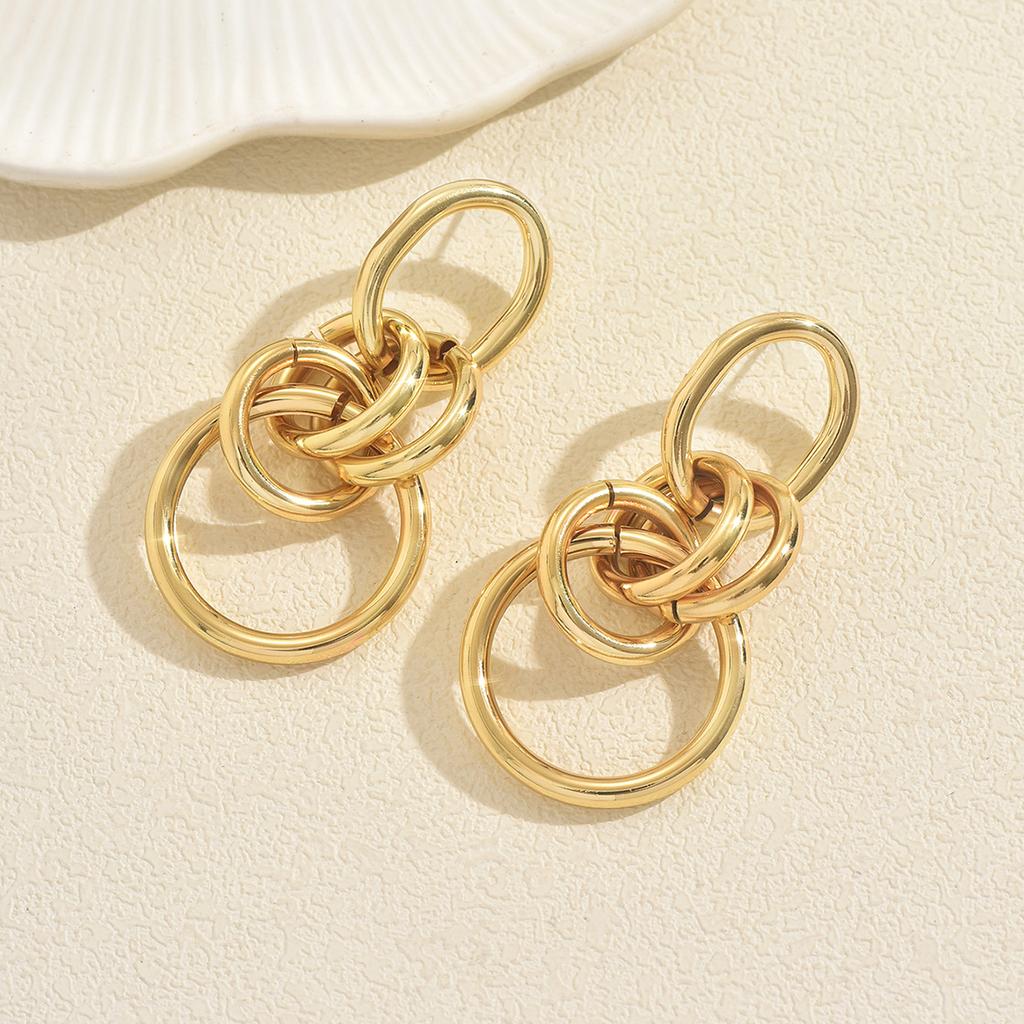 Gold Color Interlocking Circle Drop Earrings Chunky Statement Dangle Earrings Minimalist Daily Wear Jewelry For Women