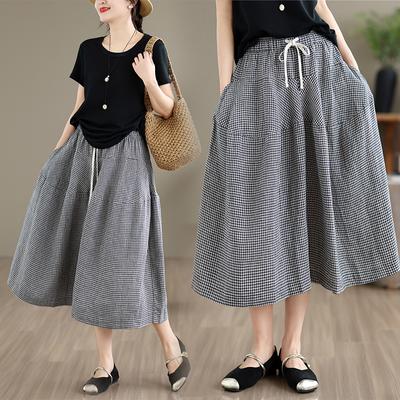 DIMANAF 2026 Summer New Plus Size Women Long Pants Cotton Vintage Loose Elastic Waist Casual Lady Bottoms Print Plaid Black
