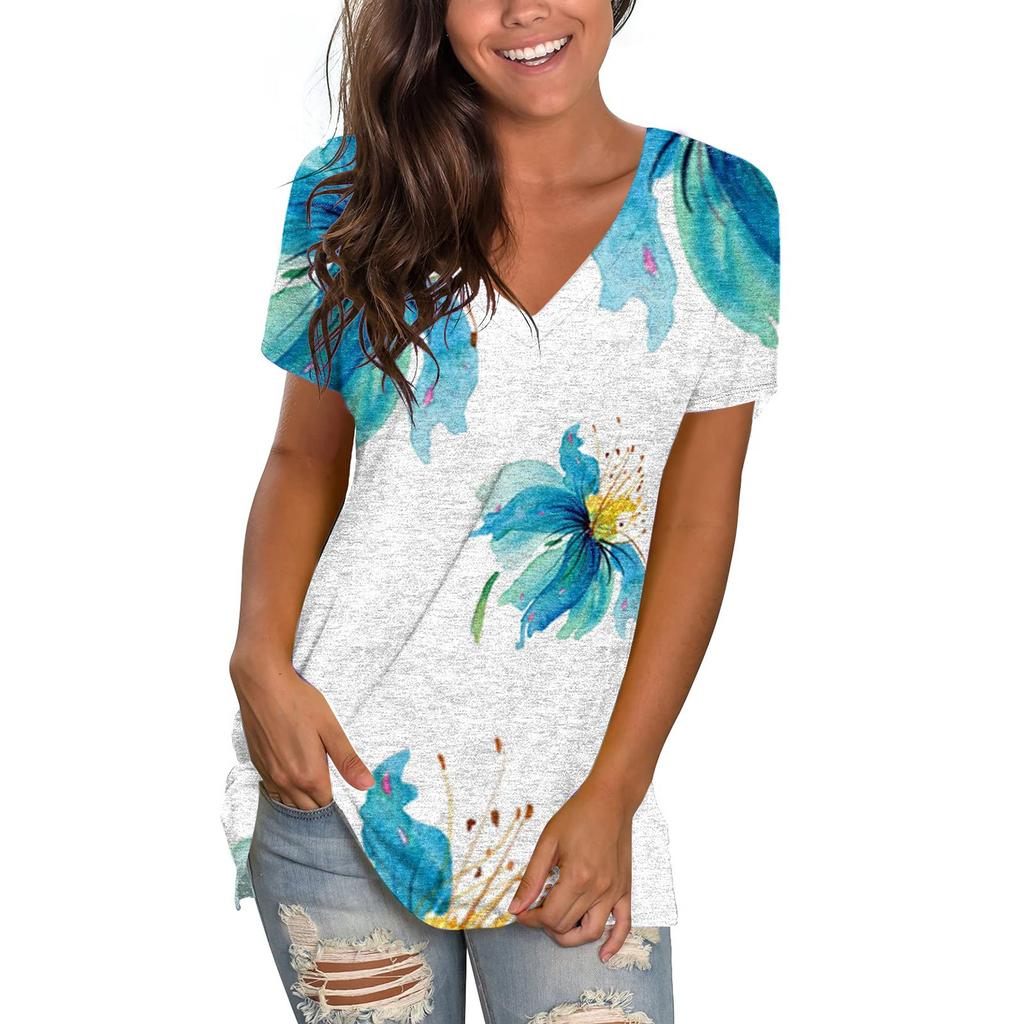 Women's Casual V-Neck Tops Short Sleeve T-shirt Printed Plus Size Summer T-shirt Tunic Top