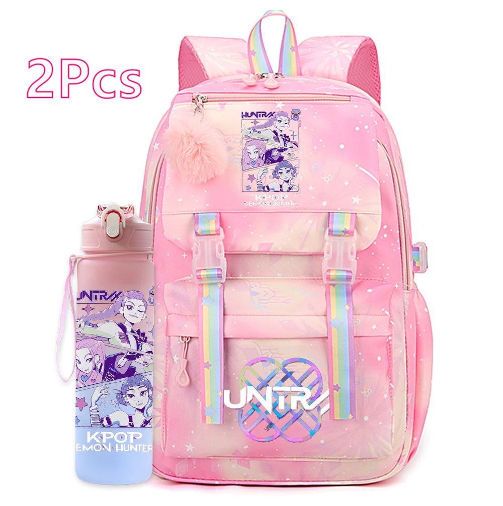 2Pcs/set Anime Cartoon Kpop Printed Backpack with 750Ml Water Bottler Large Capacity Travel Bag for Teenager Girl Boy Bookbag Kid Gift Rucksak