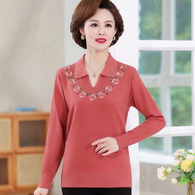 New Chinese mother spring knitted sweater women's casual middle-aged and elderly women's spring and autumn long-sleeved tops and clothing