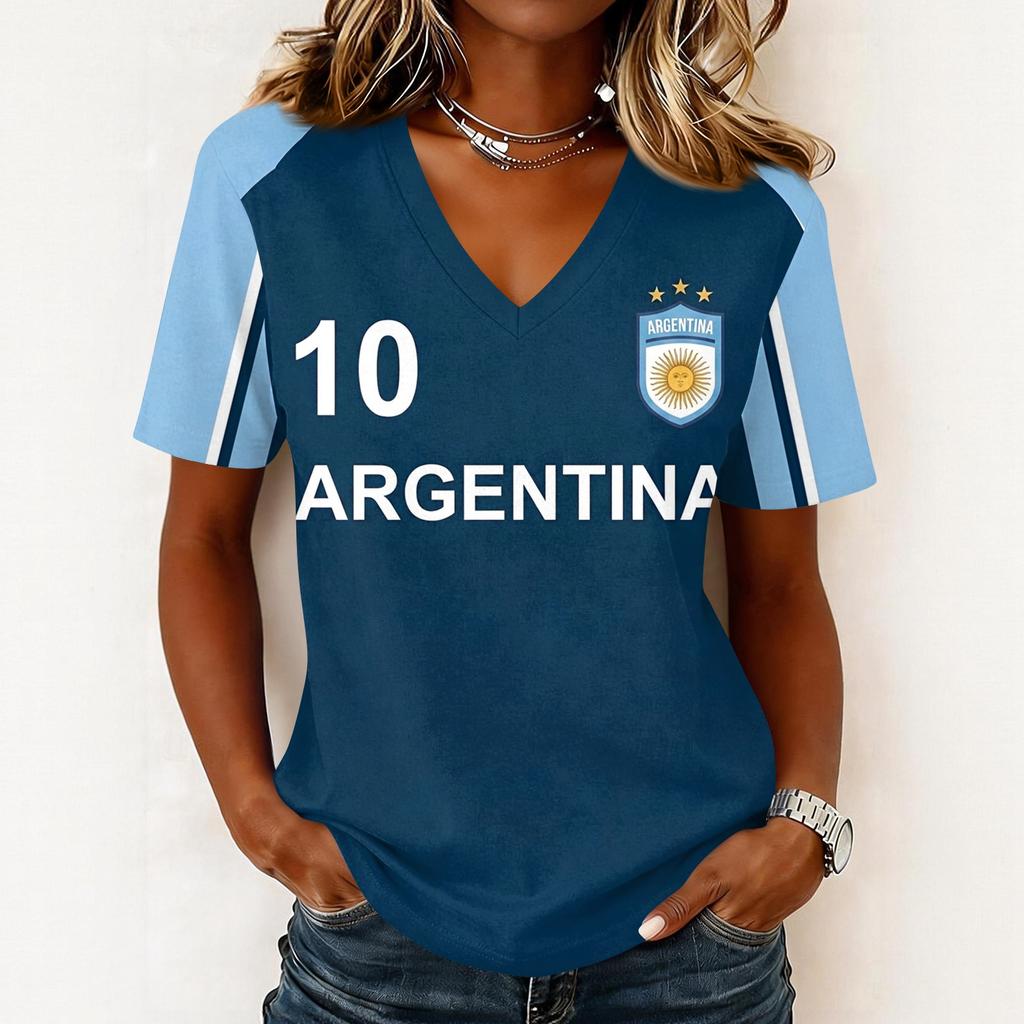 Women's Short Sleeve V-Neck T-Shirt with Soccer Flag Print for Casual Day Wear
