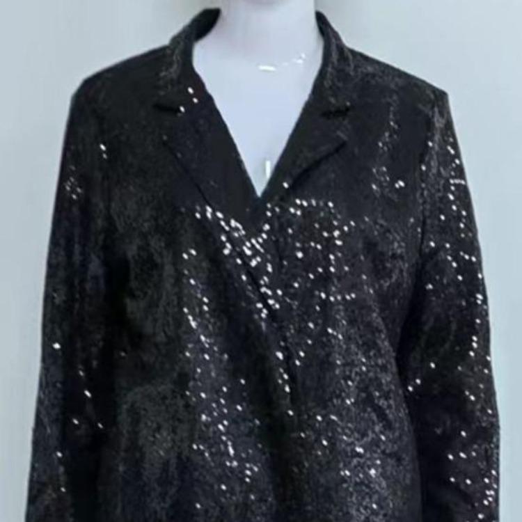 Shiny Sequins Women Casual Loose Fit Long Sleeve Cardigan Lapel Open Front Solid Color Suit Coat Clubwear Jacket