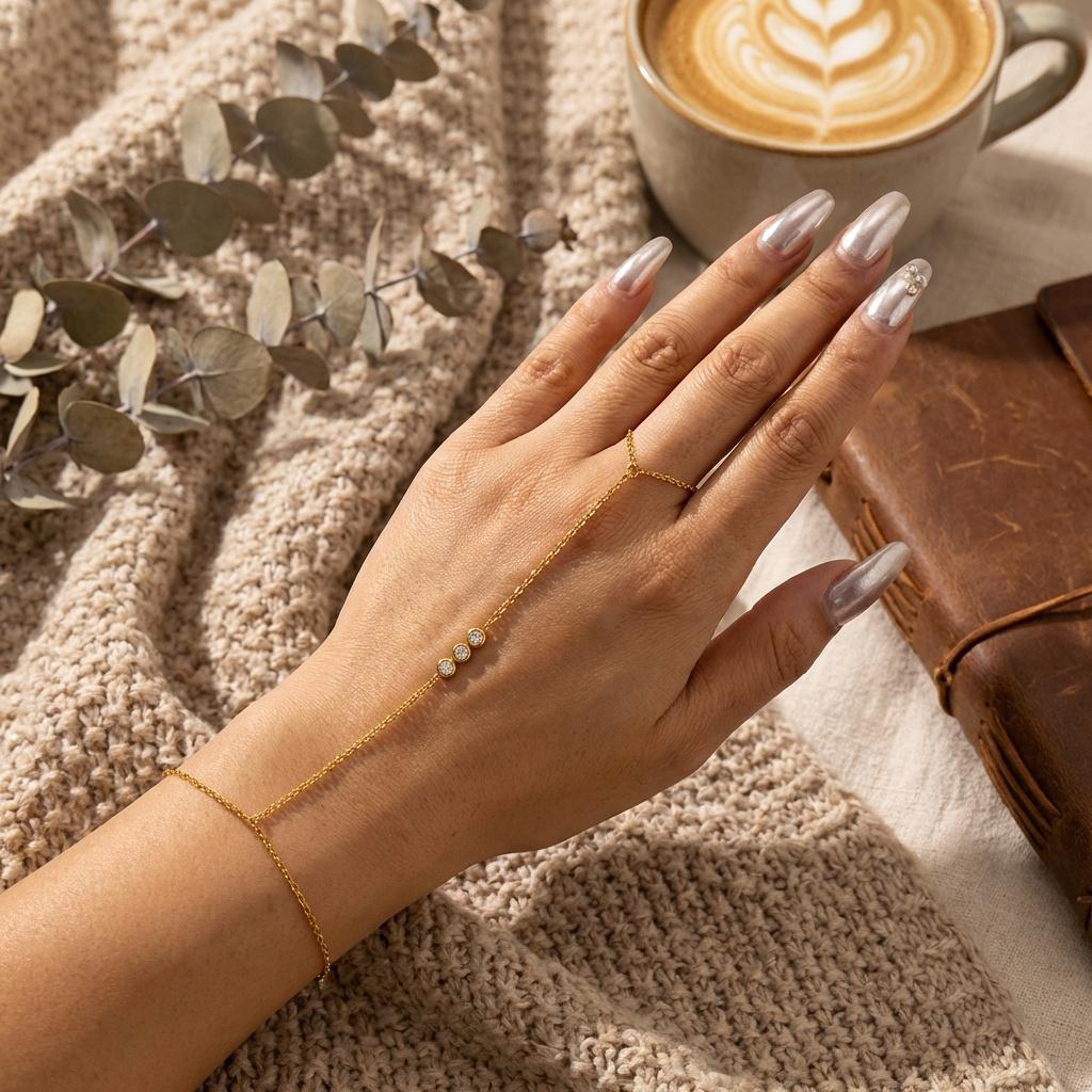 Braccialetti ad Anello per Dita Collegati con Strass Multistrato in Acciaio Inossidabile per Donna Braccialetto con Catena Sottile Fatta a Mano Gioielli da Festa