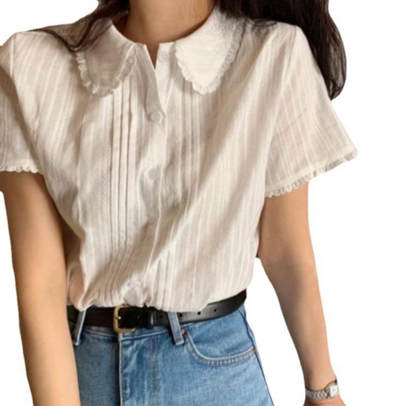 Korean Sle Summer Lace Design Thin Short Sleeve Doll Collar Blouse Anti-Aging Women's Fashion Shirt Pure Color Commute
