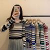 Women's Short and Unique Striped Long Sleeve T-shirt Knitted Base Top Slimming Blouse with Design Sense