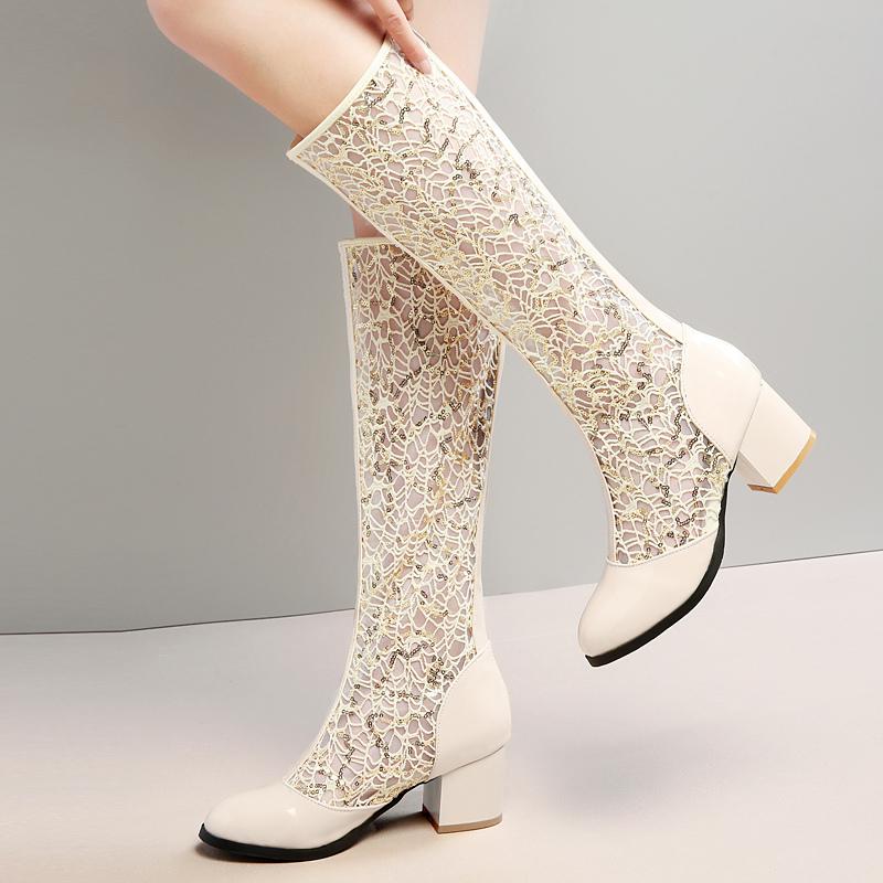 Spring Summer Women Boots Fashion Knee High Boot Zipper Casual Low Heels Mesh Breathable White Blue Ladies Party Shoes Big Size