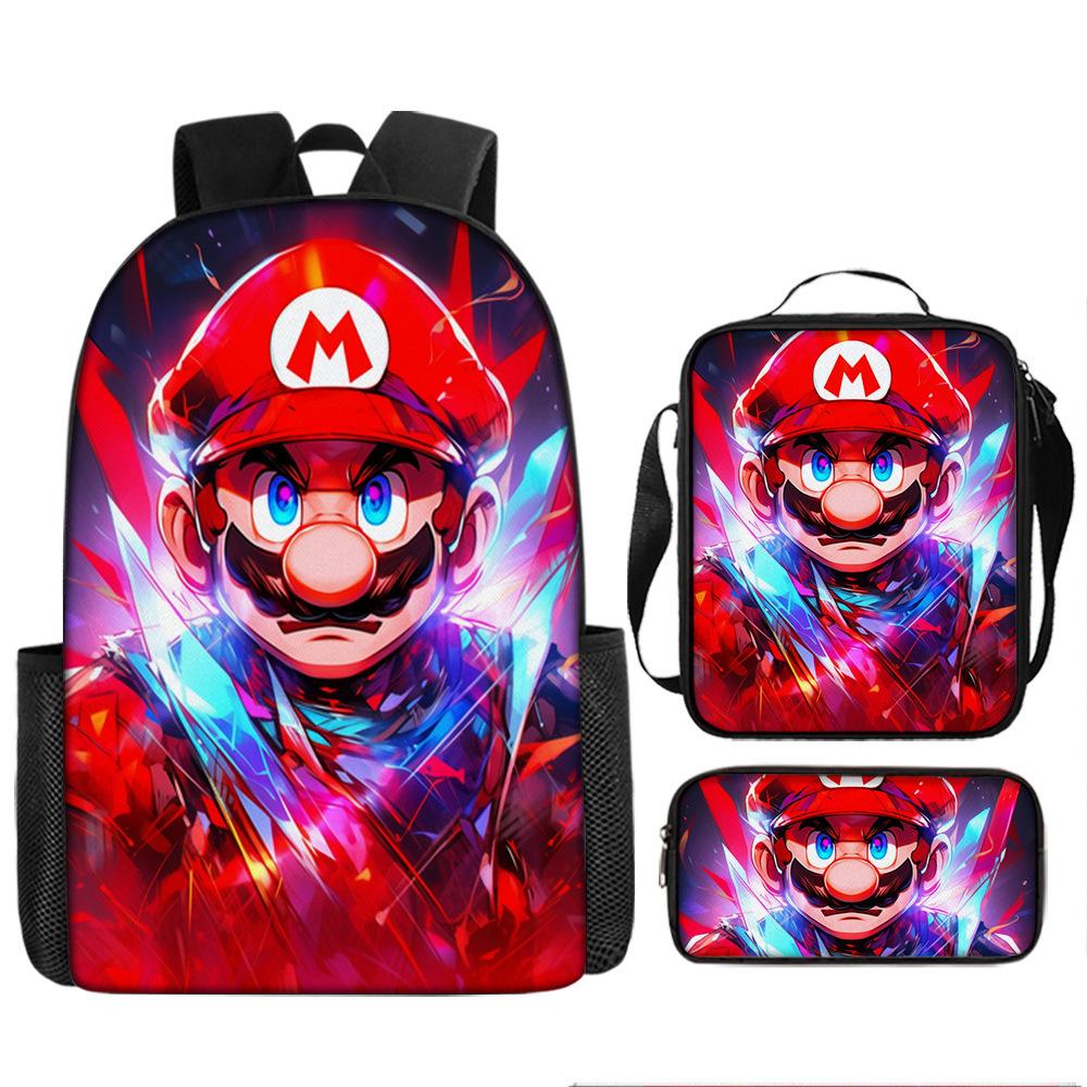 Set Zaino Cartone Animato Mario 3-in-1 Zaino per Studente per Laptop Borsa a Spalla Astuccio Zaino Scolastico per Bambini