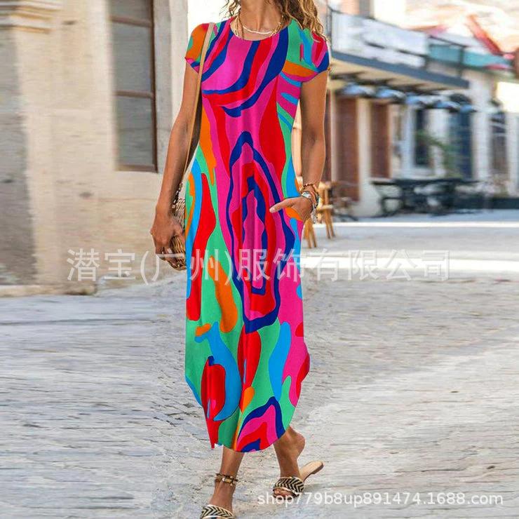 New European and American women's clothing summer round neck pocket printed dress